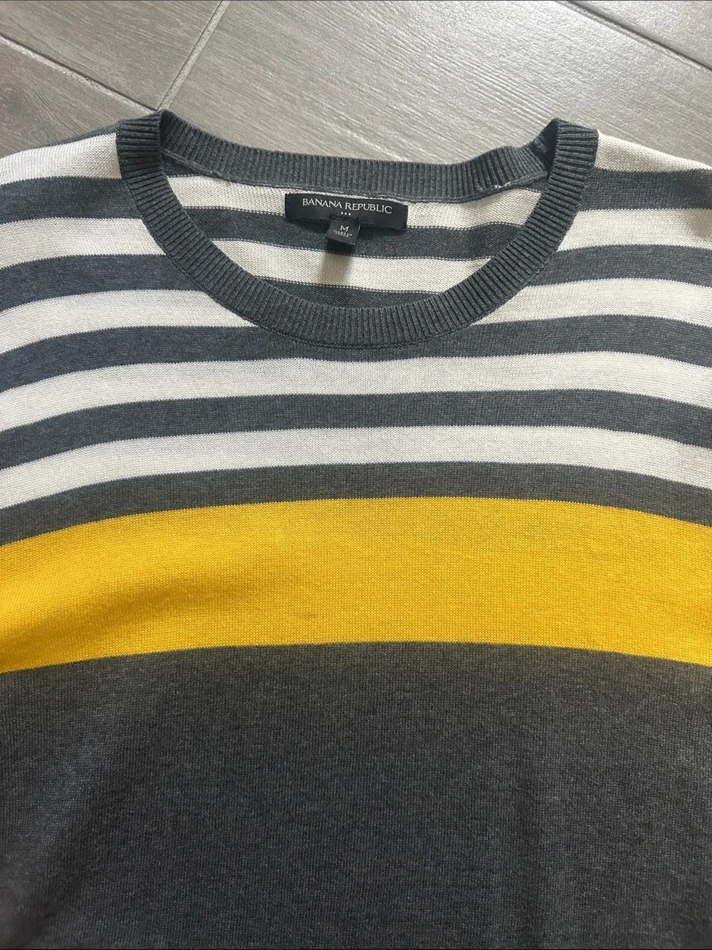 Banana Republic Men's Gray Crewneck Sweater with Yellow and White Stripes